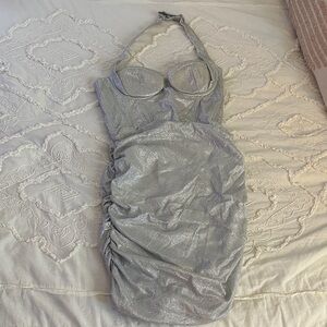 zeagoo Silver Shimmer Halter Ruched Bodycon Dress